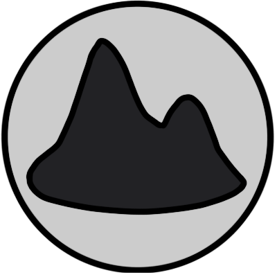 A silver circle with a stylised dark grey pair of mountains.
